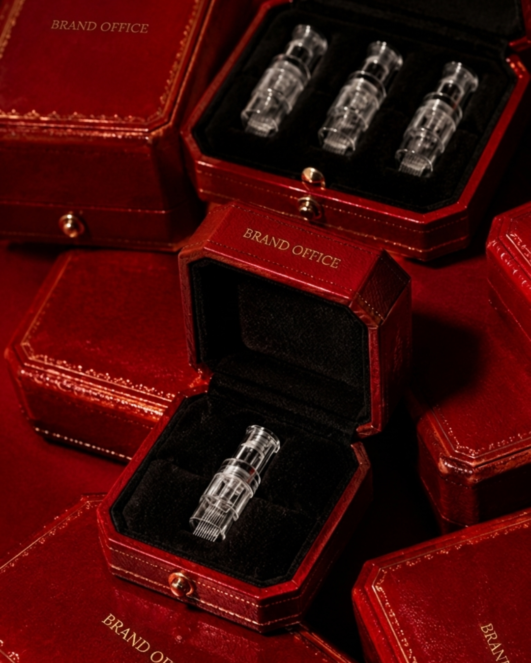 Red leather cases with glass cartridges