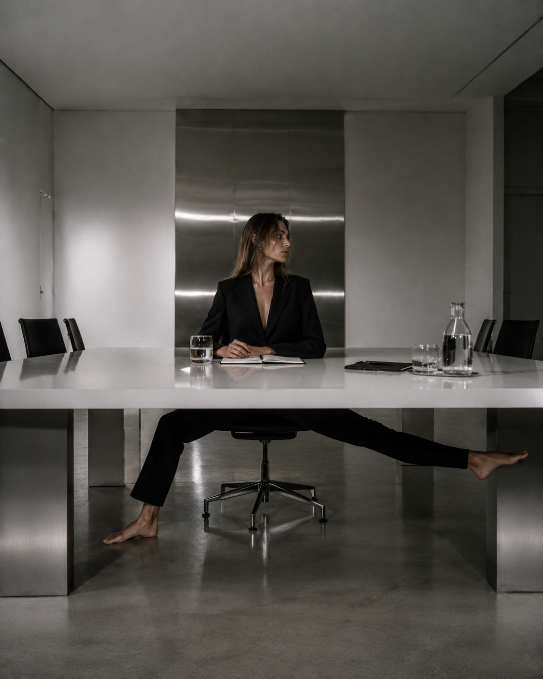 Figure seated at a long white boardroom table