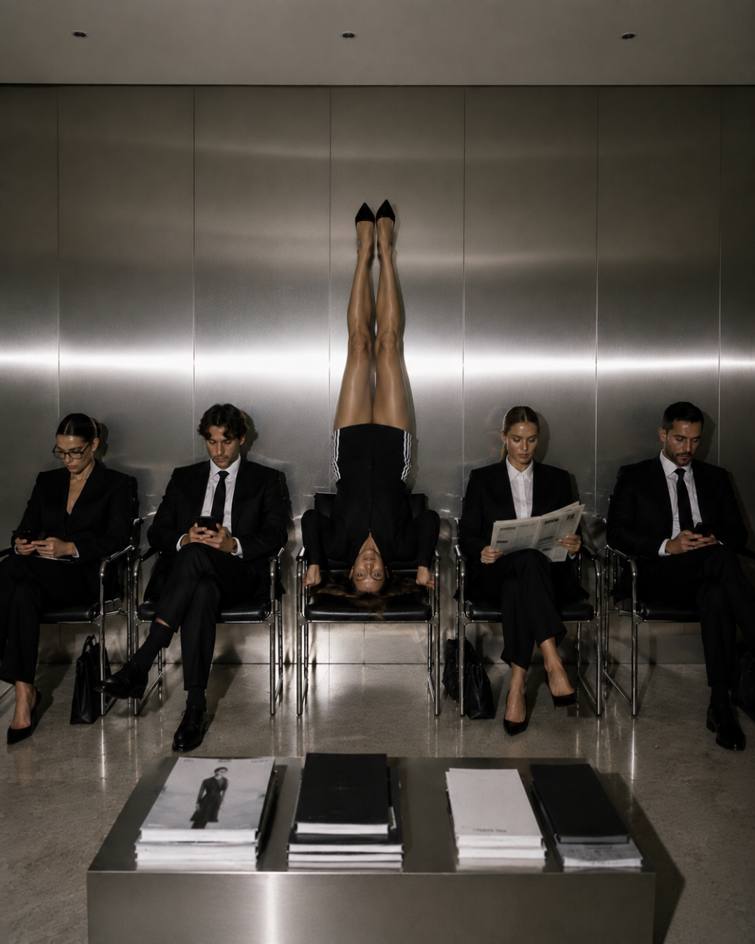 Waiting room, suits, inverted figure