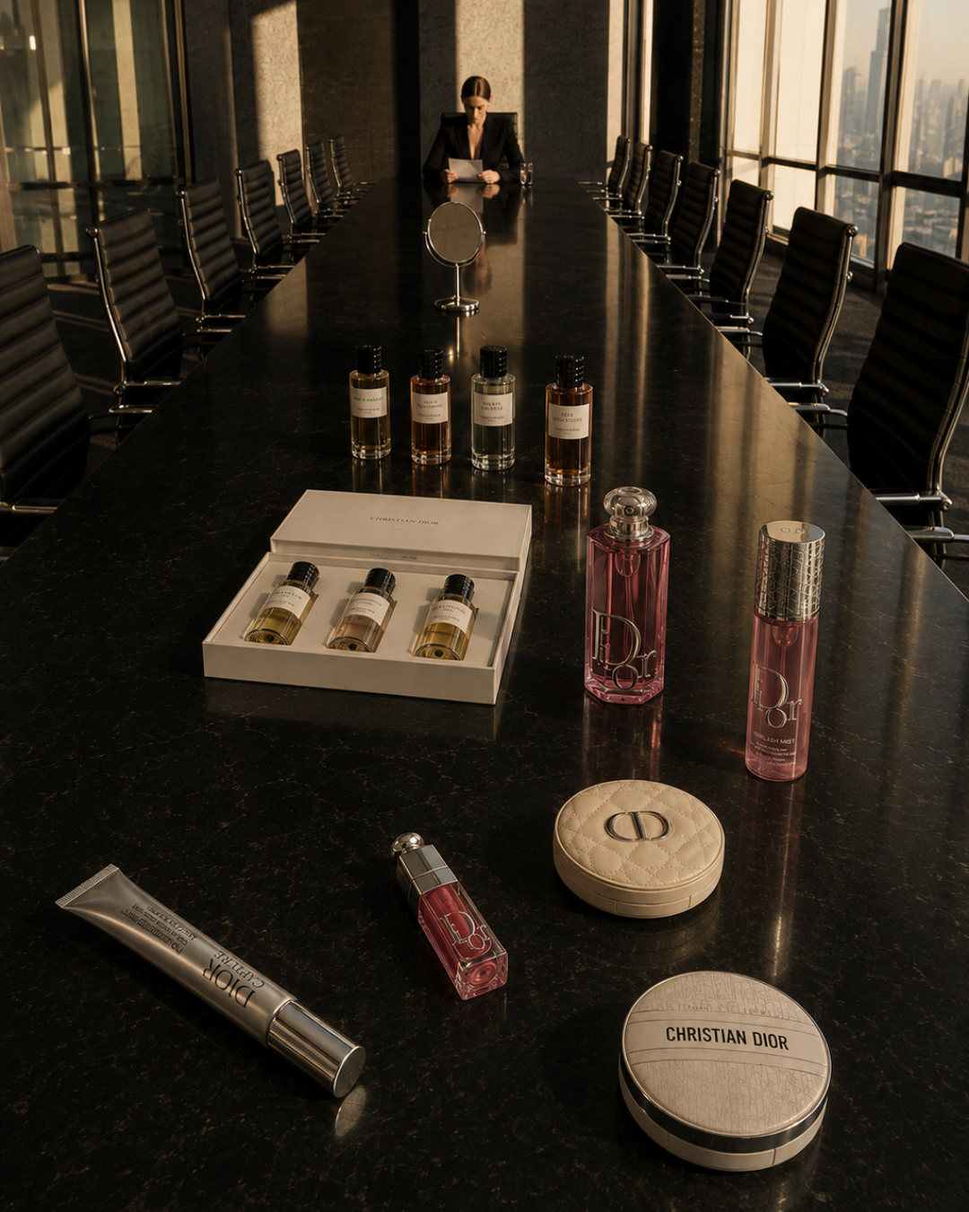 Fragrance and beauty products on a boardroom table