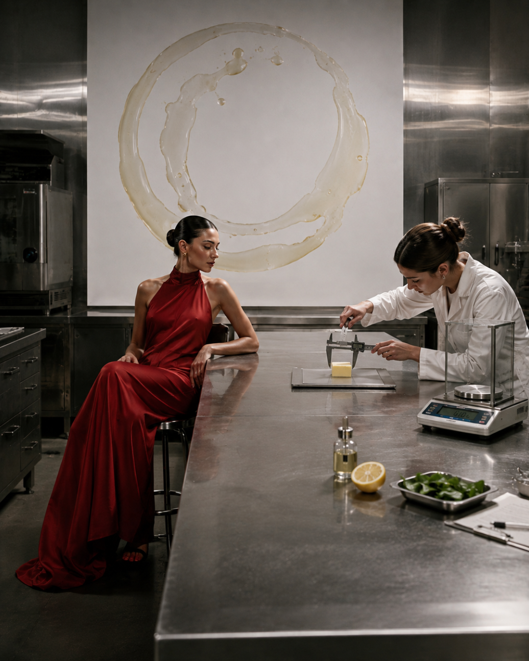 Red dress at a stainless steel kitchen pass